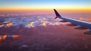 Dramatic aerial view of the Rocky Mountains with Denver skyline visible below at sunrise, golden light hitting snow-capped peaks, commercial airplane wing in foreground