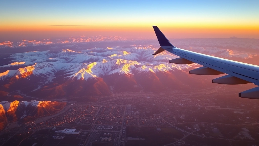 Dramatic aerial view of the Rocky Mountains with Denver skyline visible below at sunrise, golden light hitting snow-capped peaks, commercial airplane wing in foreground