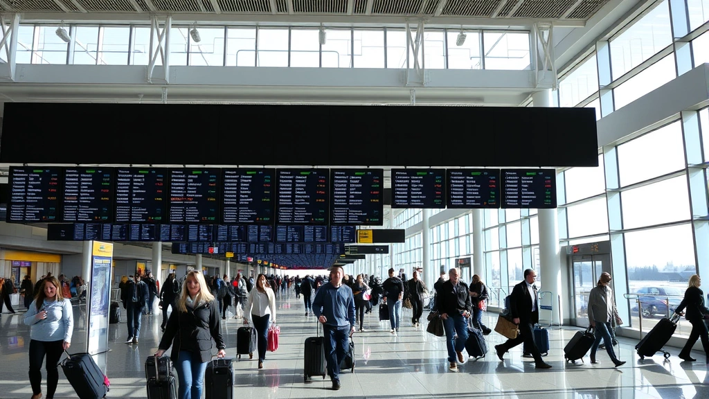 Modern airport terminal interior with travelers walking with luggage, departure boards showing flight information, bright natural lighting through large windows, bustling but organized atmosphere