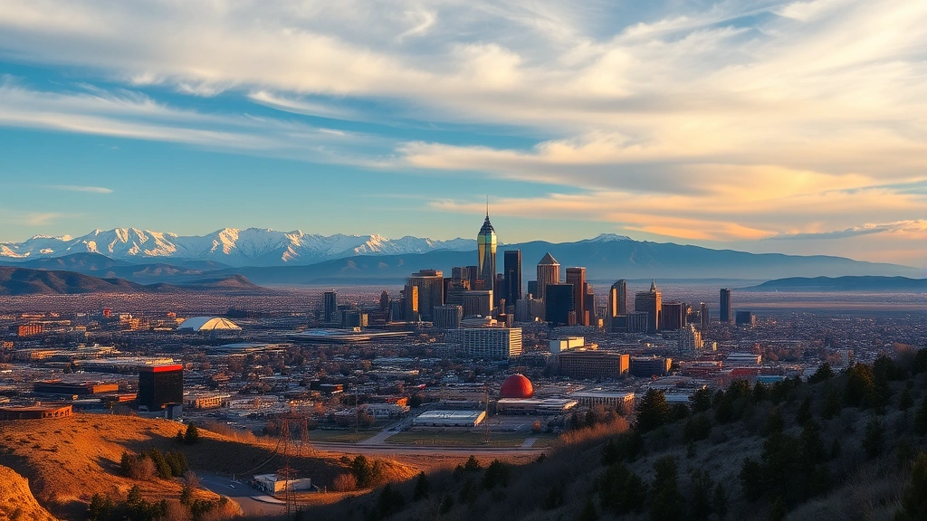 Mountain landscape showing Denver downtown skyline against backdrop of blue sky and distant Rocky Mountains, scenic viewpoint perspective, golden hour lighting