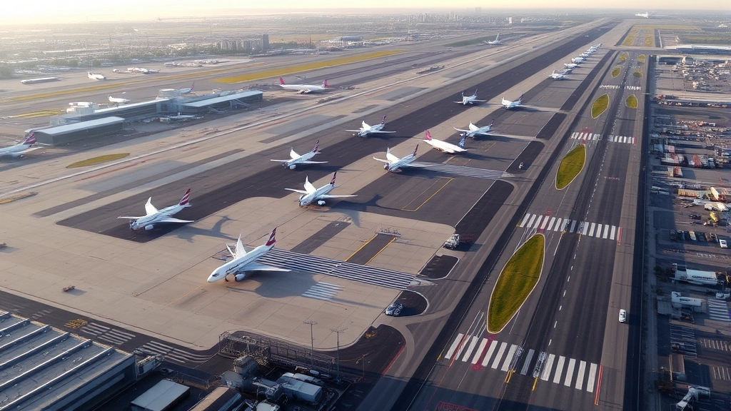 Aerial view of Newark Liberty International Airport with planes on tarmac and runway, early morning light, clear skies, modern airport infrastructure visible