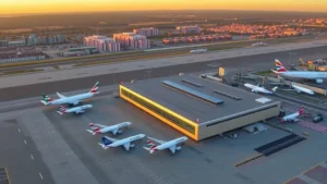 Aerial view of Newark Liberty International Airport (EWR) with multiple aircraft parked at gates, modern terminal building, and New Jersey landscape in background during golden hour