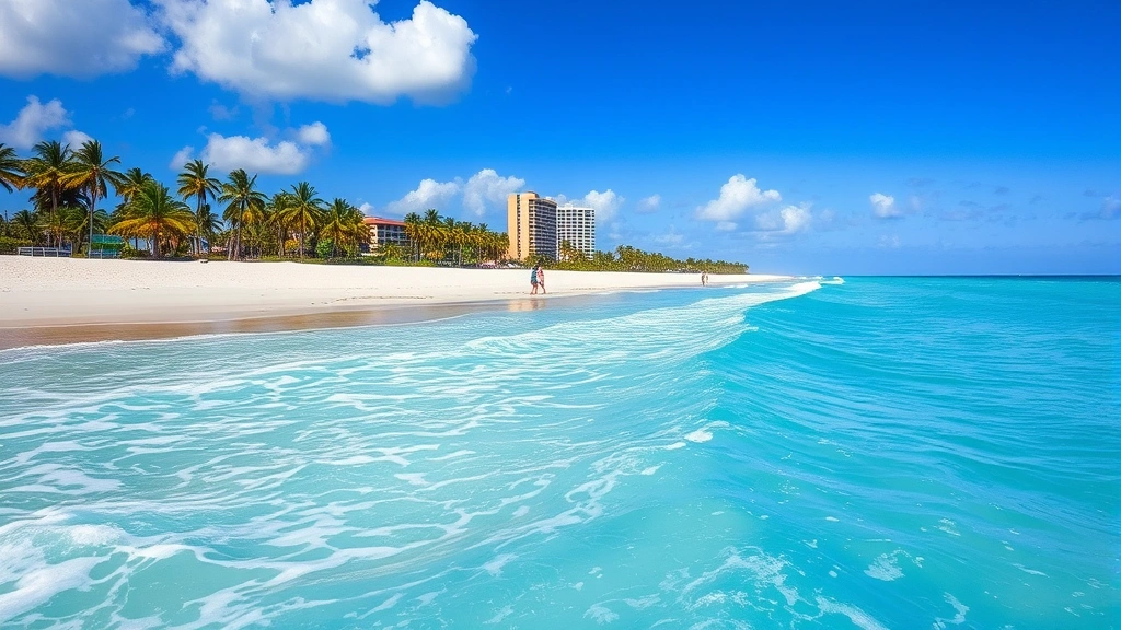 Turquoise Atlantic Ocean waves and white sand beach in Fort Lauderdale with palm trees and coastal buildings in background, sunny day, vacation atmosphere