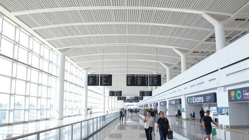 Fort Lauderdale-Hollywood International Airport (FLL) passenger terminal interior with bright modern architecture, travelers walking through corridors, departure boards visible