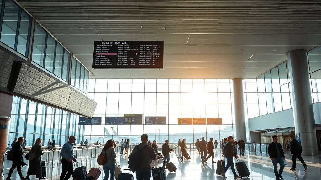Modern airport terminal interior with departure boards, travelers with luggage, natural lighting from large windows, bustling gate area with multiple airlines