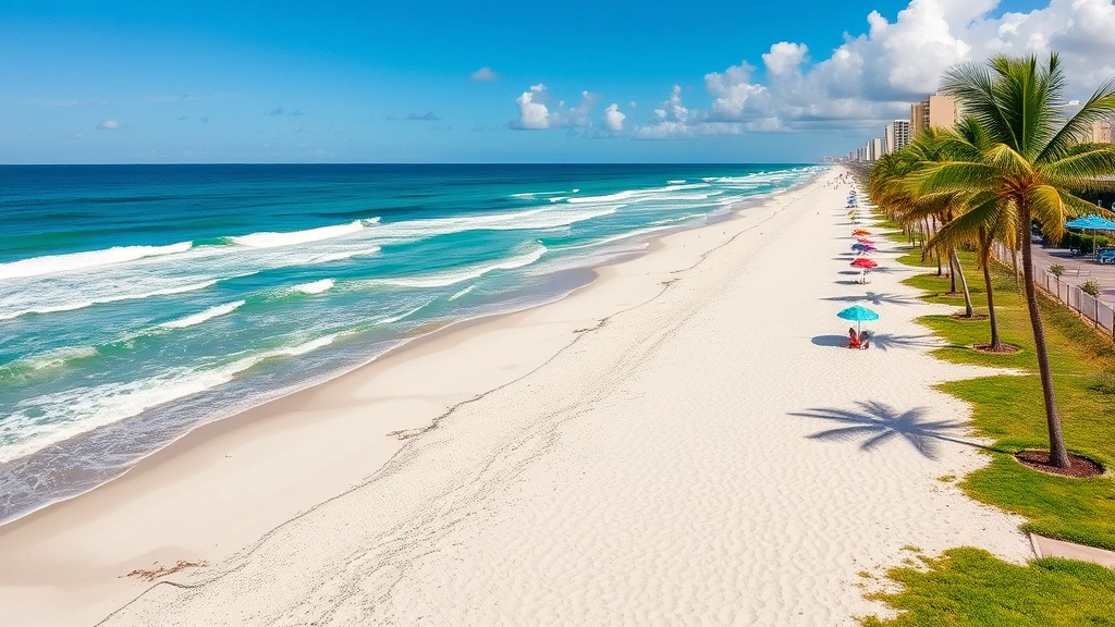Scenic view of Fort Lauderdale beachfront with pristine sand, turquoise Atlantic Ocean waves, palm trees, and colorful beach umbrellas on a sunny day