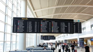 Newark Liberty International Airport departure hall with modern architecture, flight information displays showing Nashville destinations, natural light streaming through large windows, and busy terminal atmosphere