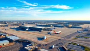 Aerial view of Newark Liberty International Airport with morning light, commercial aircraft on tarmac, vibrant blue sky, bustling airport infrastructure