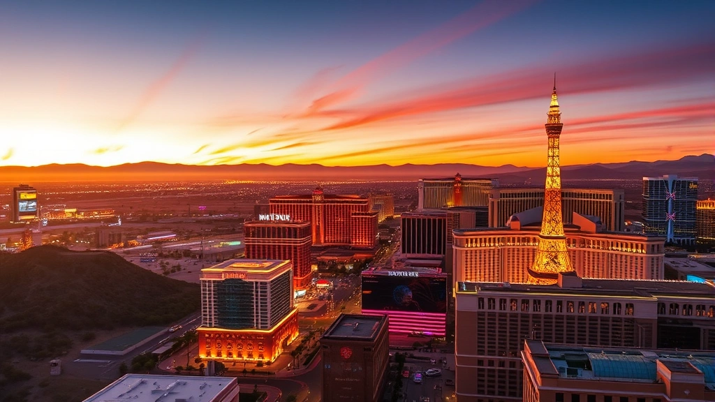 Aerial view of Las Vegas Strip at sunset with bright neon lights and resort buildings reflecting golden hour light, vibrant desert landscape