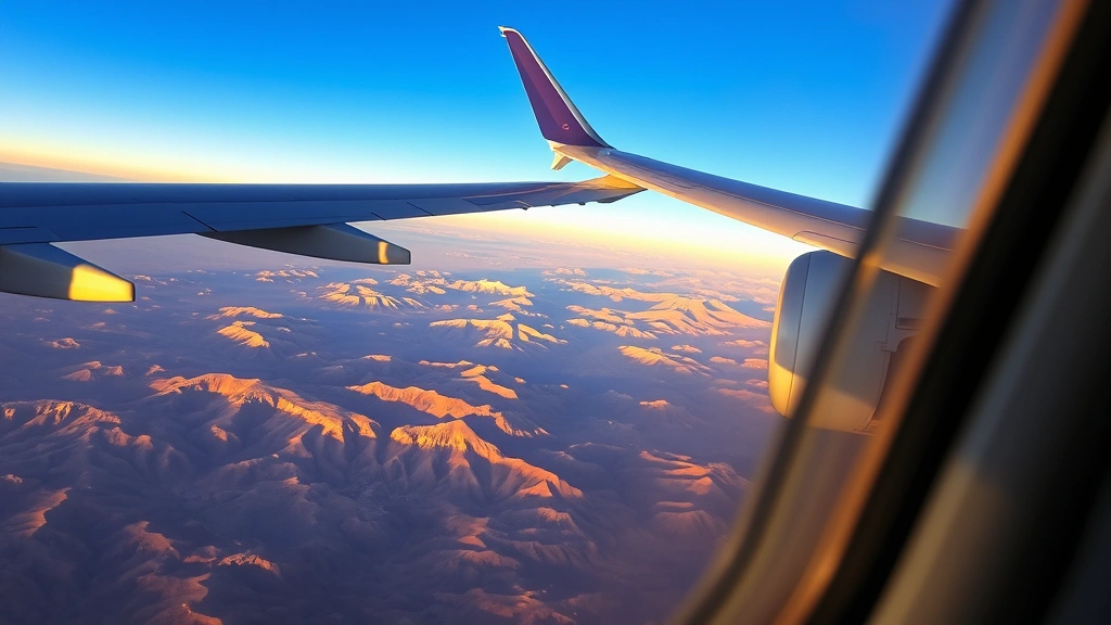 Airplane cabin window view showing desert landscape below with Nevada mountains, golden hour lighting, traveler's perspective flying toward destination