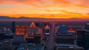 Aerial view of Las Vegas Strip at sunset with iconic casinos and bright lights reflecting off desert landscape, vibrant neon colors, mountains in background