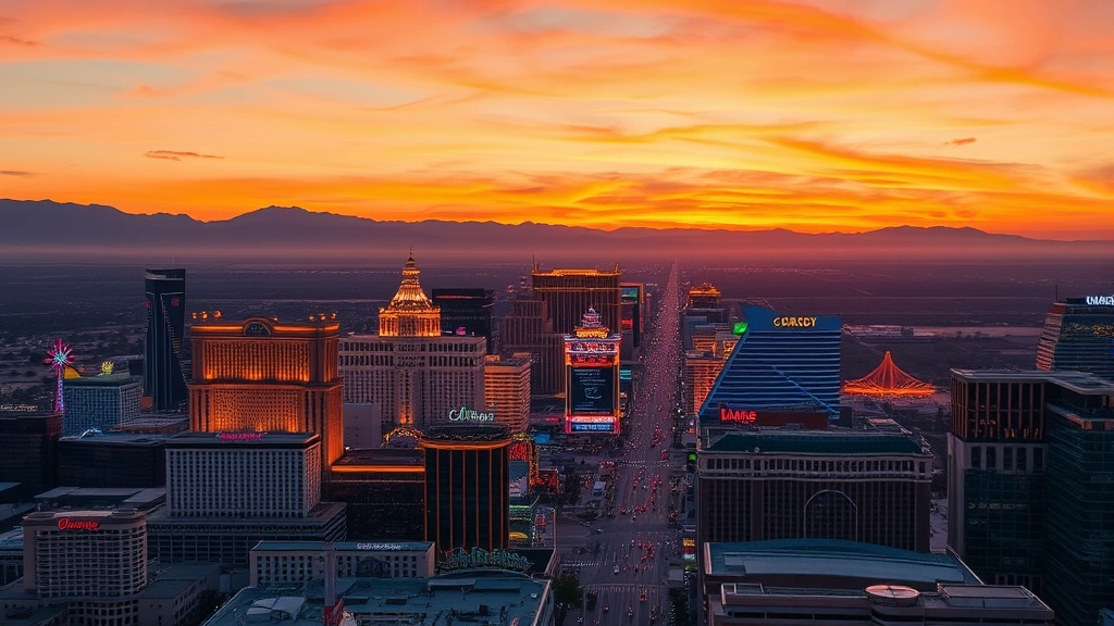 Aerial view of Las Vegas Strip at sunset with iconic casinos and bright lights reflecting off desert landscape, vibrant neon colors, mountains in background
