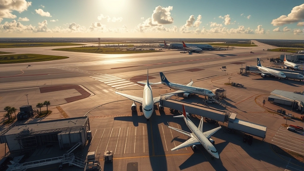 Aerial view of Orlando International Airport terminal with aircraft parked at gates, sunny Florida landscape visible in background, photorealistic daytime photography