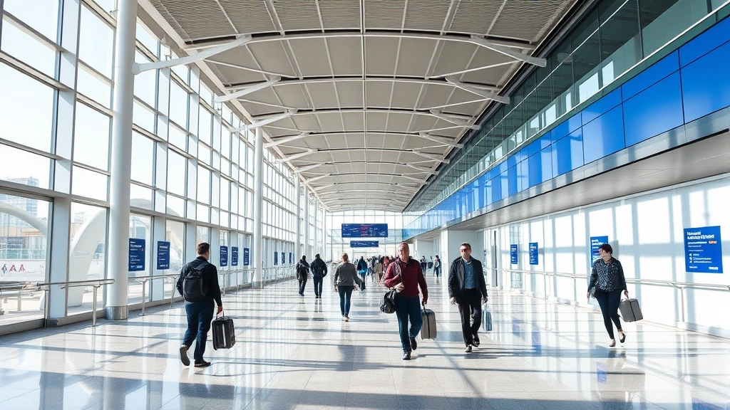 Dallas/Fort Worth International Airport modern terminal interior with travelers walking through spacious corridor, blue and white contemporary architecture, bright natural light from windows