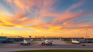 Aerial view of Orlando International Airport tarmac with commercial aircraft preparing for departure at sunrise, vibrant Florida sky with palm trees visible beyond runway