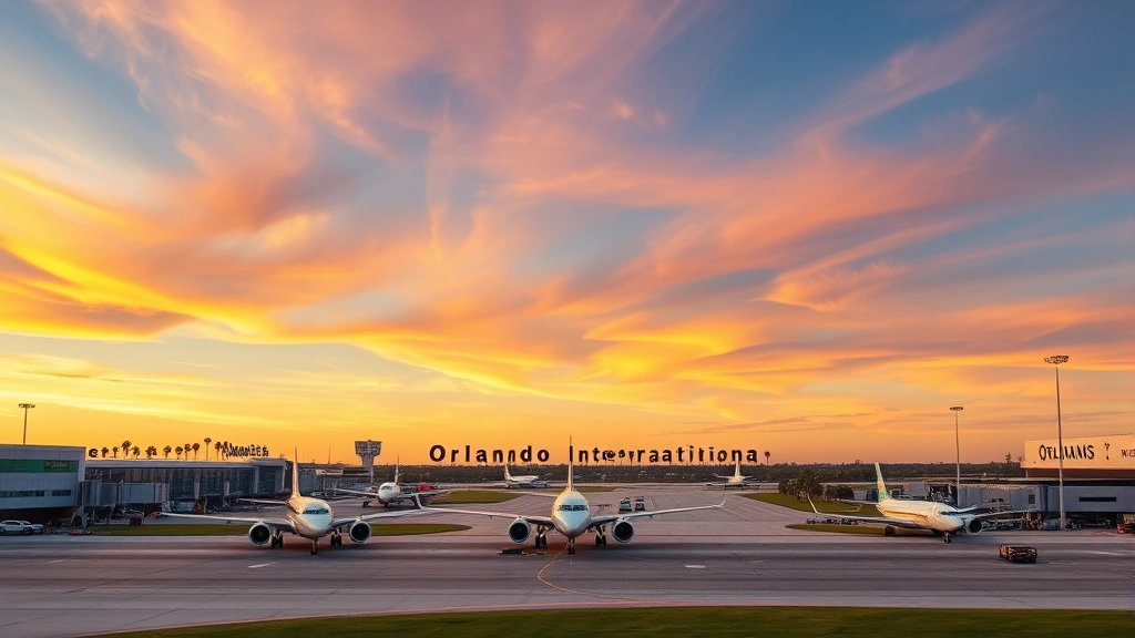 Aerial view of Orlando International Airport tarmac with commercial aircraft preparing for departure at sunrise, vibrant Florida sky with palm trees visible beyond runway