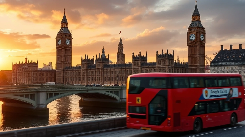 London's iconic Big Ben and Houses of Parliament reflected in the River Thames at golden hour, red double-decker bus passing in foreground, atmospheric British cityscape