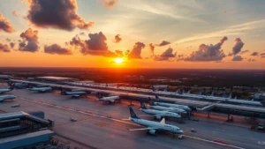 Aerial view of Orlando airport terminal with planes parked at gates during golden hour sunset, vibrant Florida landscape visible below, photorealistic travel photography